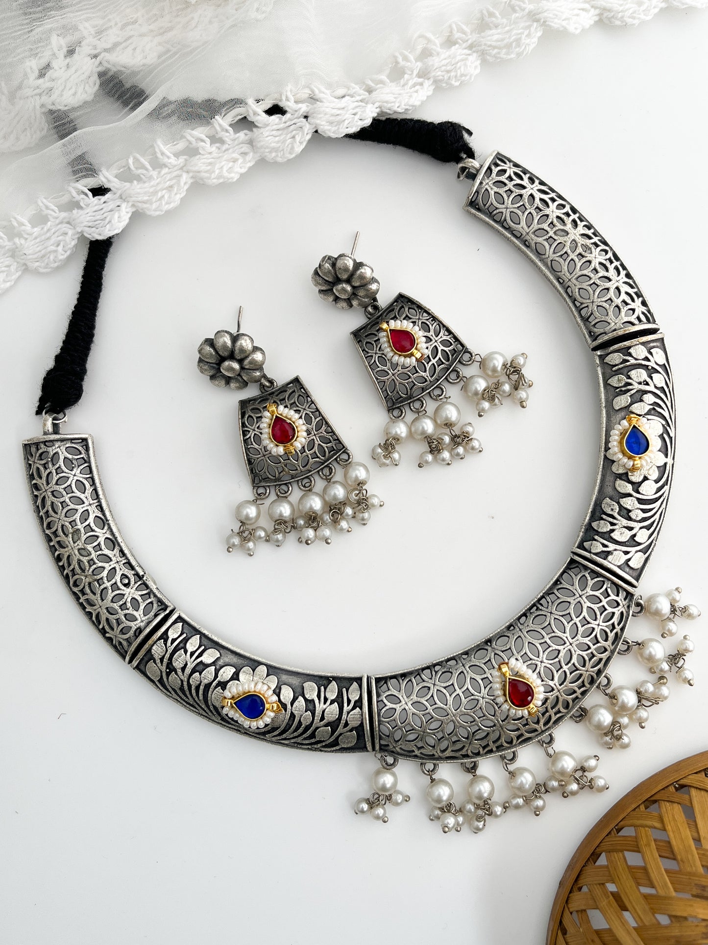 CHANCHALA-Silver With Red And Blue Stone Necklace Set