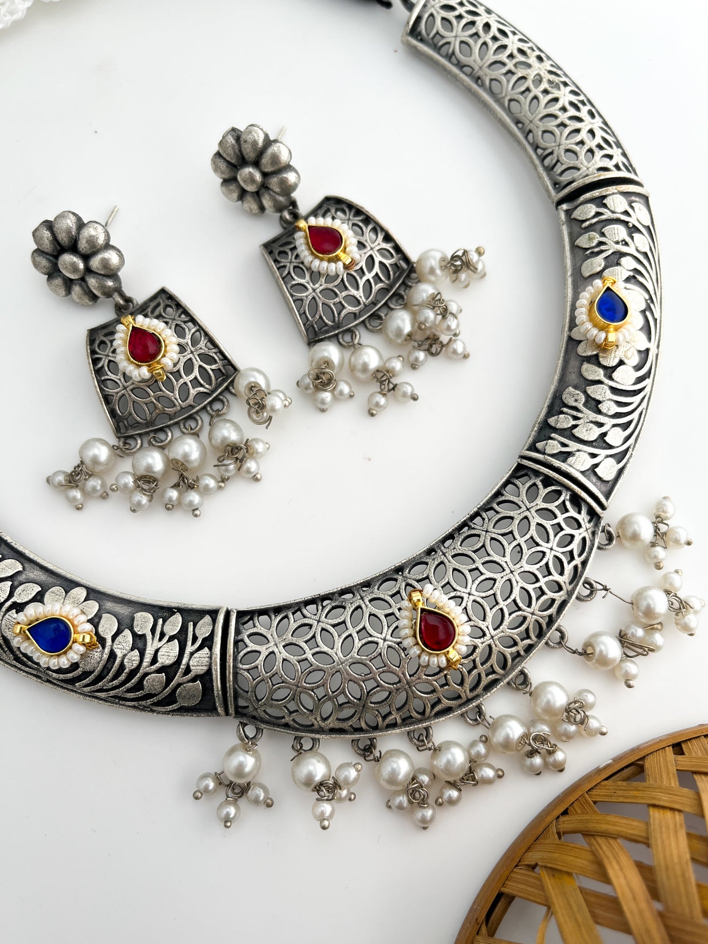 CHANCHALA-Silver With Red And Blue Stone Necklace Set
