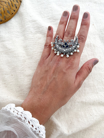 Chandani - Silver Oxidised Ring Blue