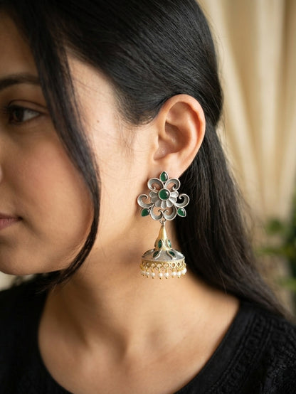 DEVI - German Silver Dual Tone Jhumkas All Green