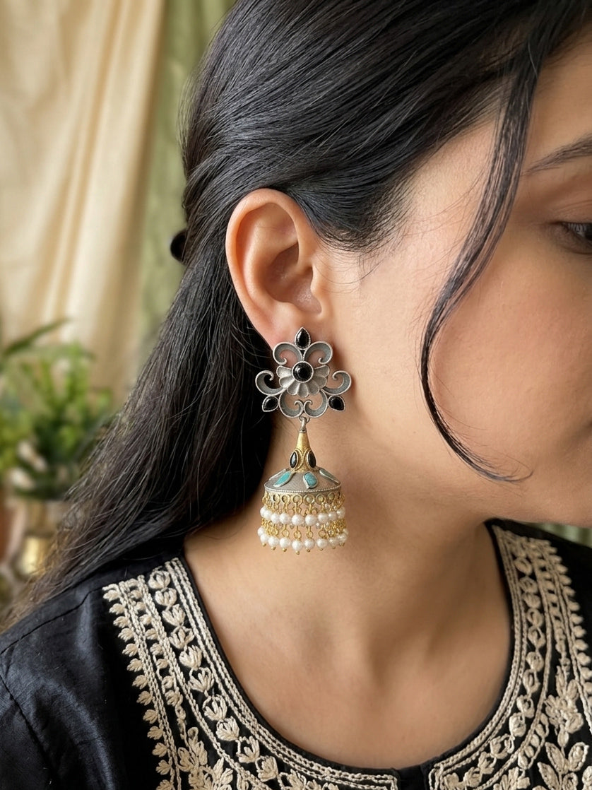 DEVI - German Silver Dual Tone Jhumkas Black And Blue