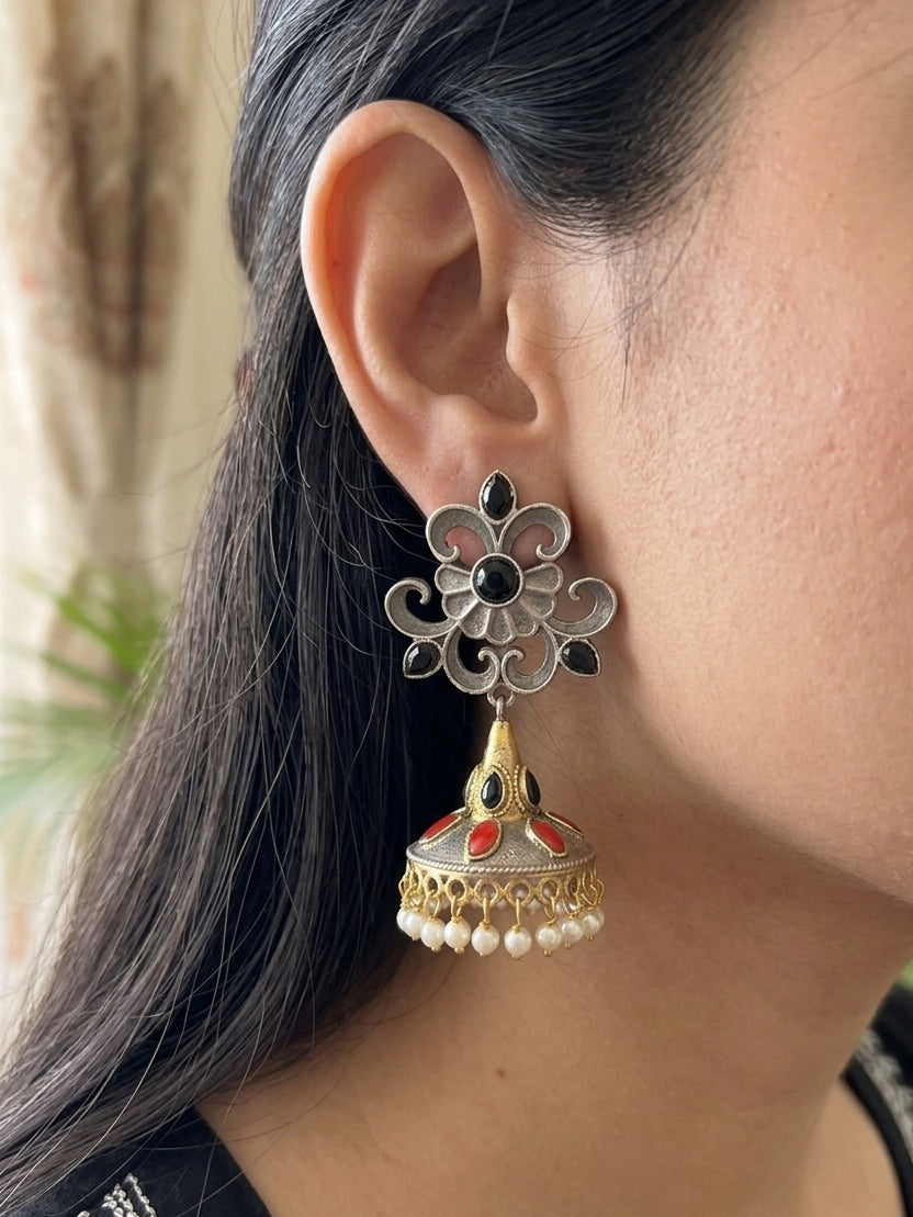 DEVI - German Silver Dual Tone Jhumkas Black And Orange