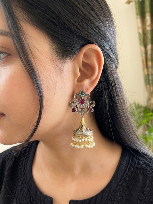 DEVI- German Silver Dual Tone Jhumkas Red And Green