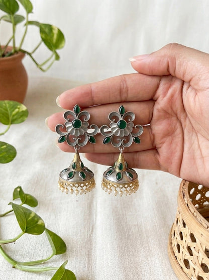 DEVI - German Silver Dual Tone Jhumkas All Green