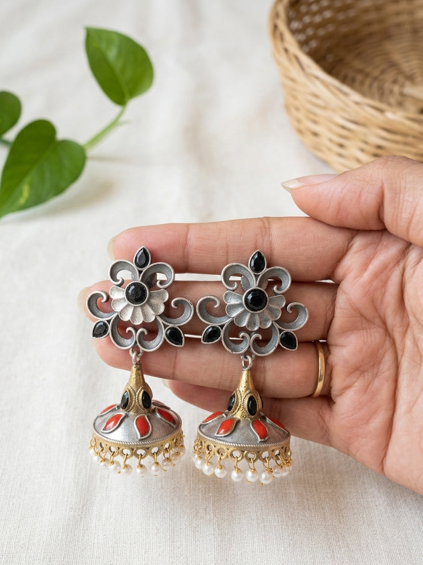 DEVI - German Silver Dual Tone Jhumkas Black And Orange