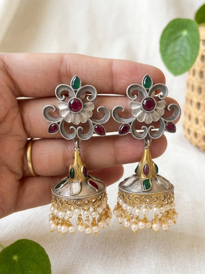 DEVI- German Silver Dual Tone Jhumkas Red And Green