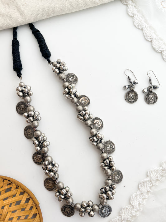 Dwani - Silver Oxidized Coins Long Neckpiece