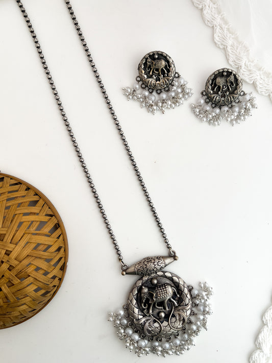 Gajanandini - Silver Oxidized Elephant Long Neckpiece