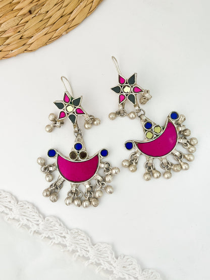 GULABO- Afghan White Metal Glass Dangler
