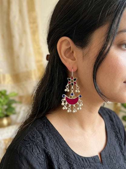 GULABO- Afghan White Metal Glass Dangler
