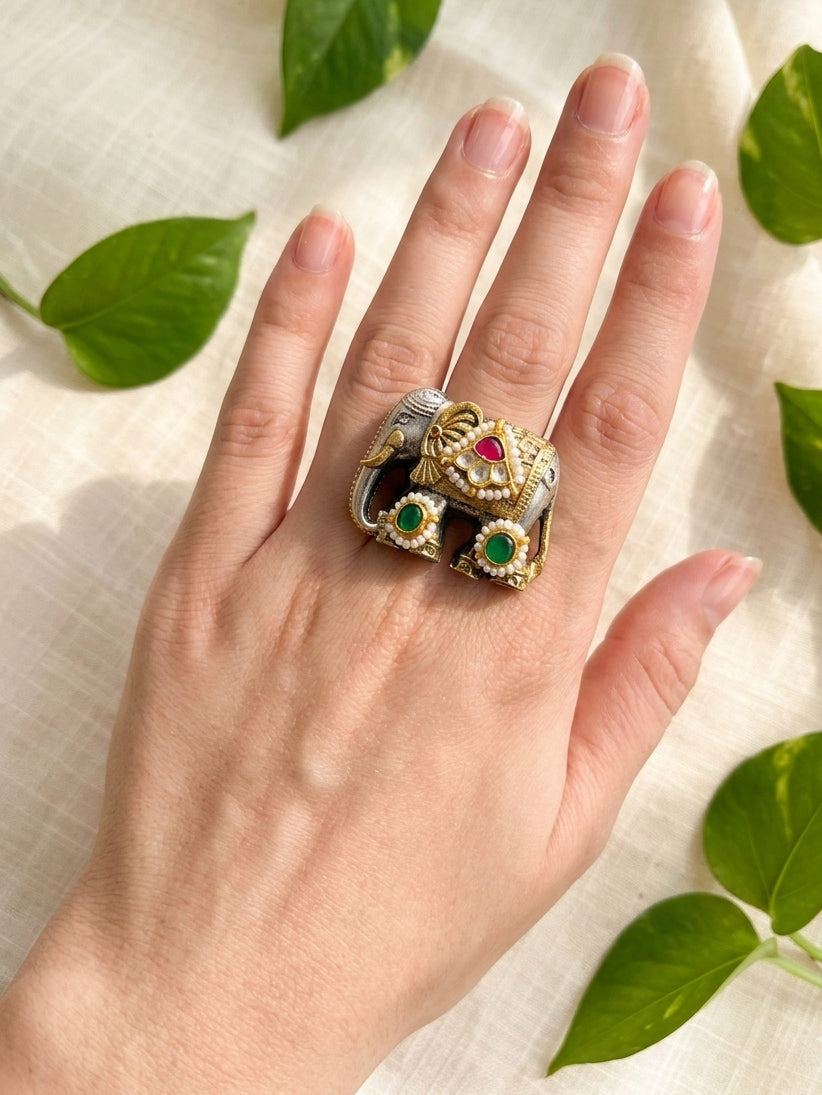 HAATHI - Dual Tone Pichwai Kundan Studded Ring