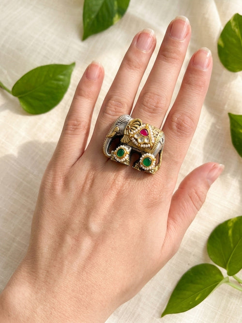 HAATHI - Dual Tone Pichwai Kundan Studded Ring