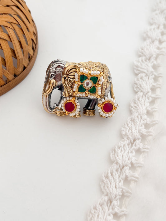 HAATHI - Dual Tone Pichwai Kundan Studded Ring Flower