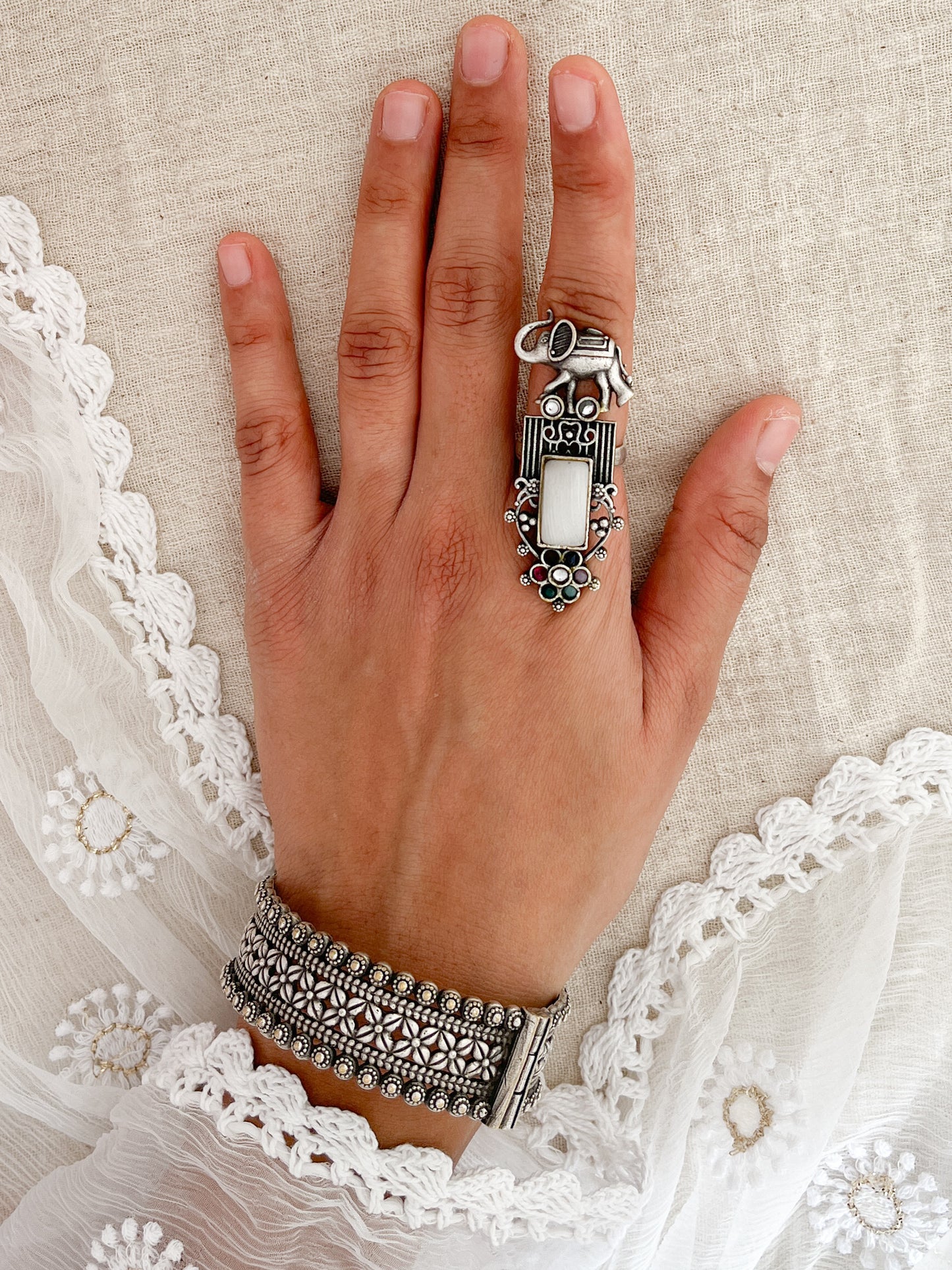 Haathi White Stone Silver Oxidized Ring