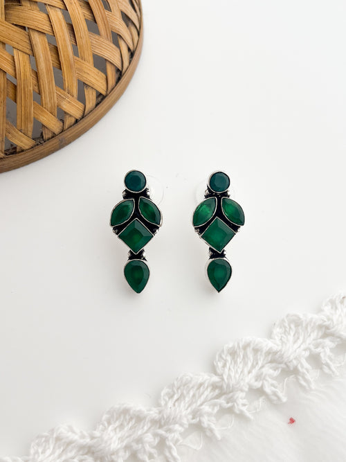 Harini - Slver Oxidised Green Stone Studs