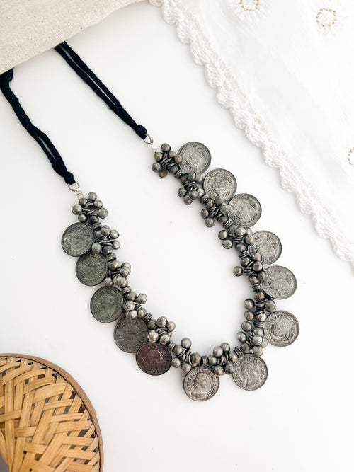 Hoor-Black Polish Tribal Coin Long-Short Neckpiece
