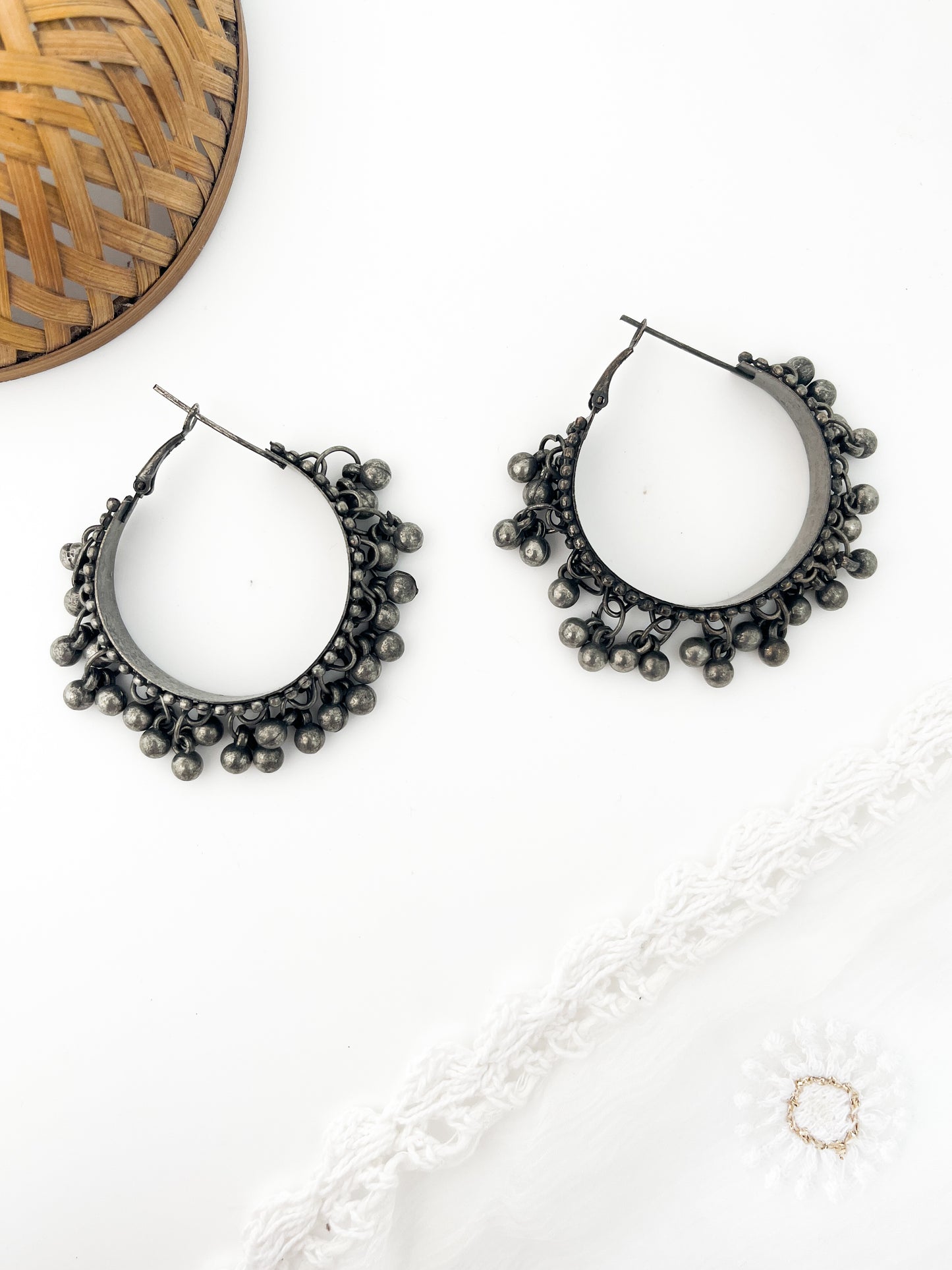 Hoor- Silver Oxidised Black Polish Gungroo Ring Hoops
