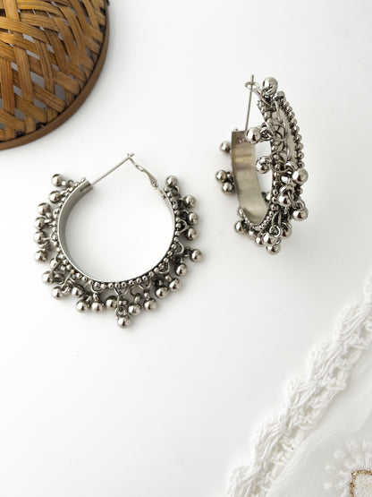Hoor- Silver Oxidised Gungroo Ring Hoops
