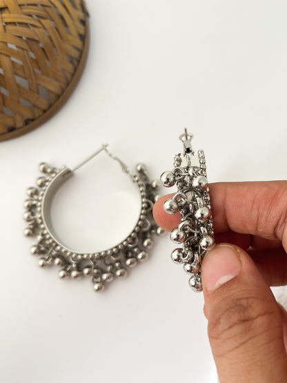Hoor- Silver Oxidised Gungroo Ring Hoops