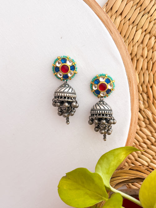 Tara - German Silver Jhumka With Panchi Kundan Work Blue