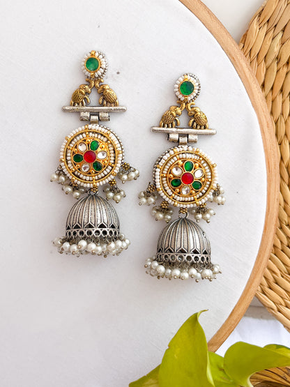 Tara - Dual Tone German Silver Elephant Motif Jhumka With Panchi Kundan Work Green