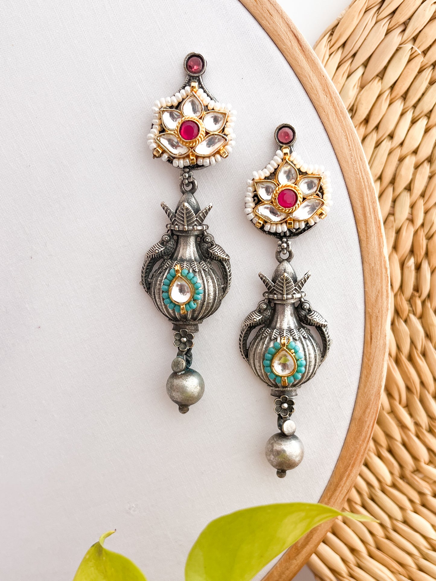 GAURI- German Silver Lotus & Kalash Danglers With Panchi Kundan Work Pink
