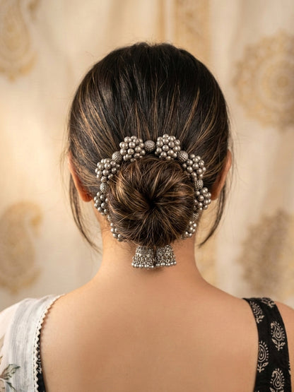 Gajra- Silver Polish Black Oxidised Adjustable Bracelet Cum Gajra