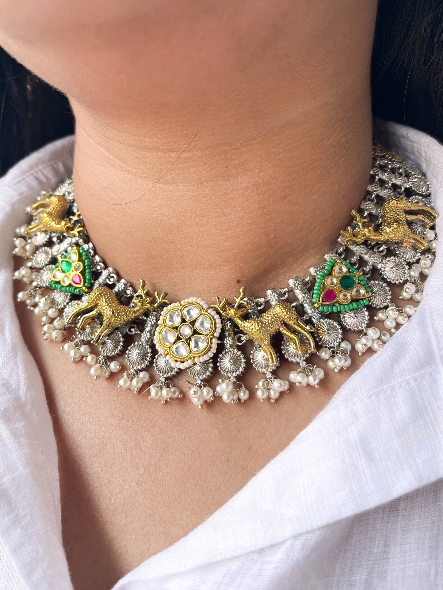 SITA- Dual Tone German Silver Necklace With Kundan Work