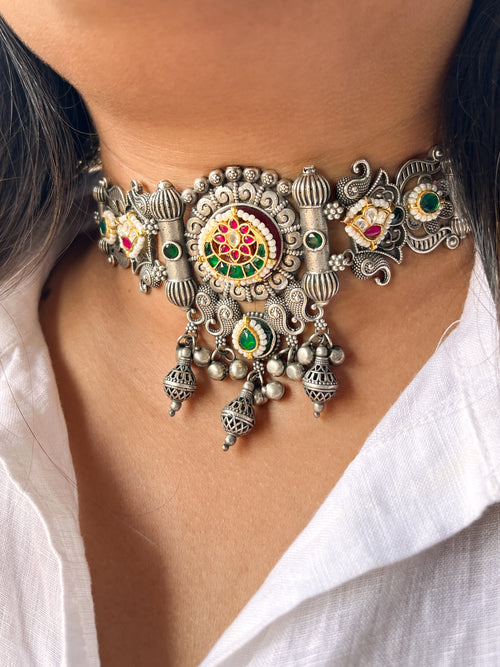 MANMOHINI - German Silver Chocker With Stone And Kundan Work