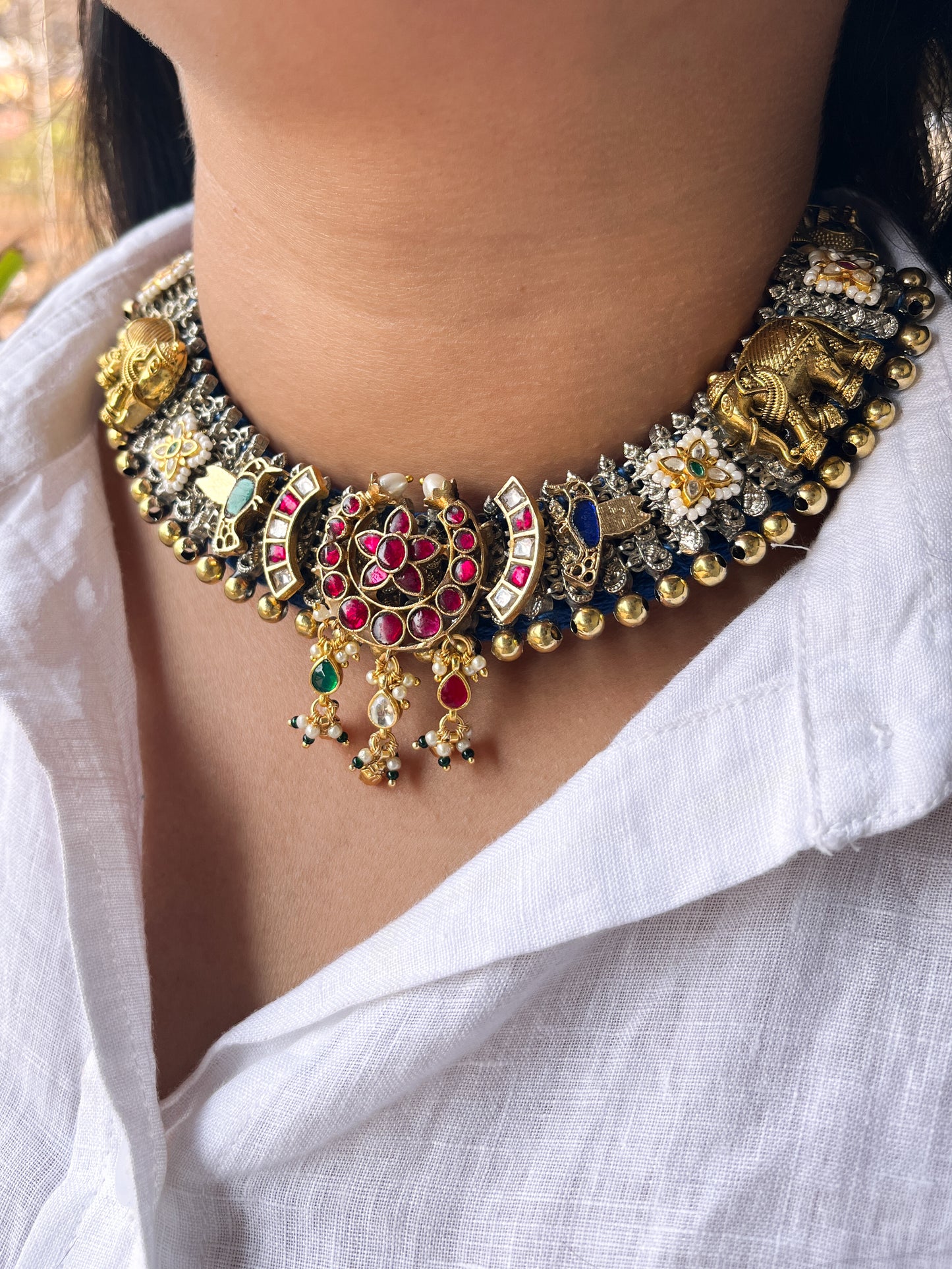 RANI PADMAVATI - German Silver Dual Tone Dhaga Necklace With Kundan Work Blue