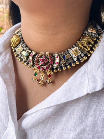 RANI PADMAVATI - German Silver Dual Tone Dhaga Necklace With Kundan Work Blue