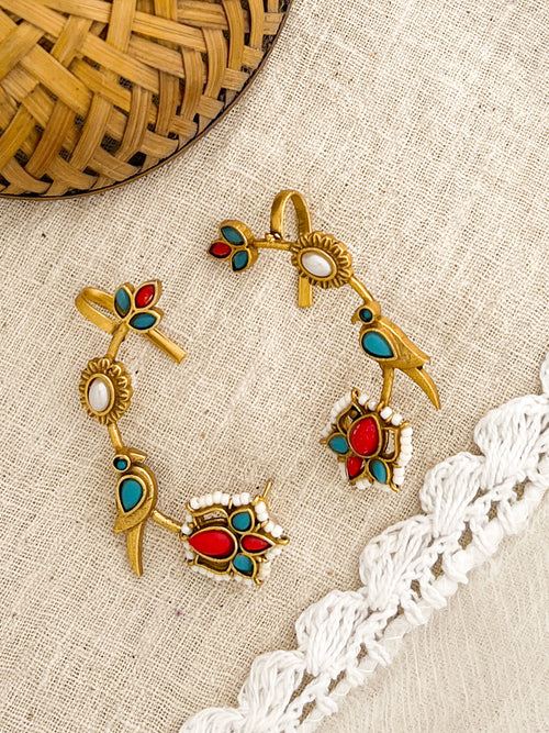 TARABAI-Golden With Red And Blue Mix Metal Earcuff