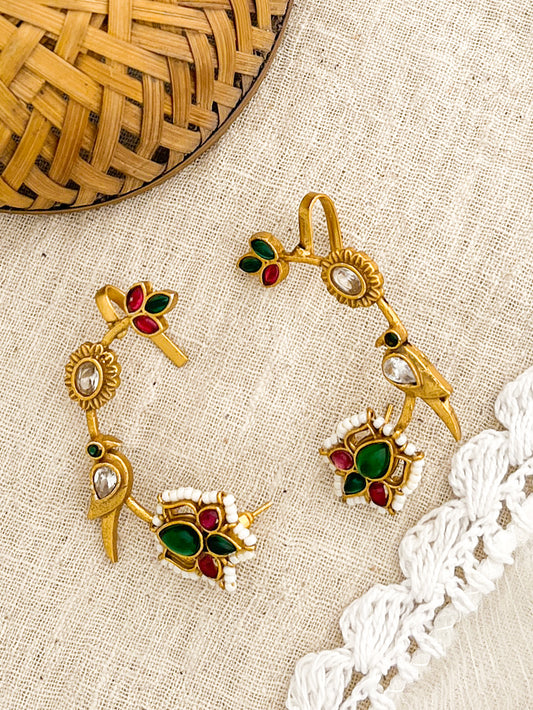 TARABAI-Golden With Green And Pink Mix Metal Earcuff