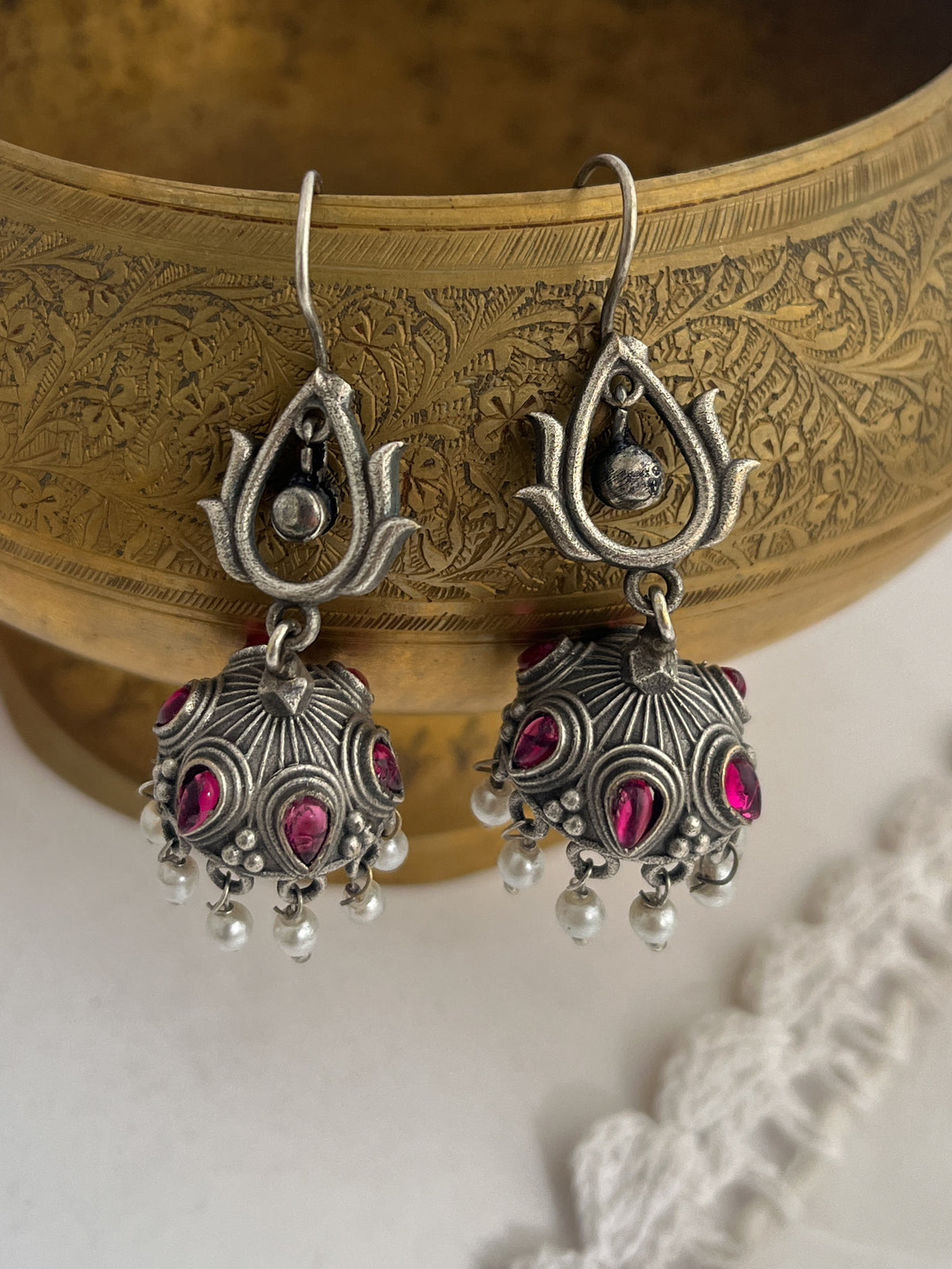 NAMRATA- German Silver Studded Jhumka- Pink