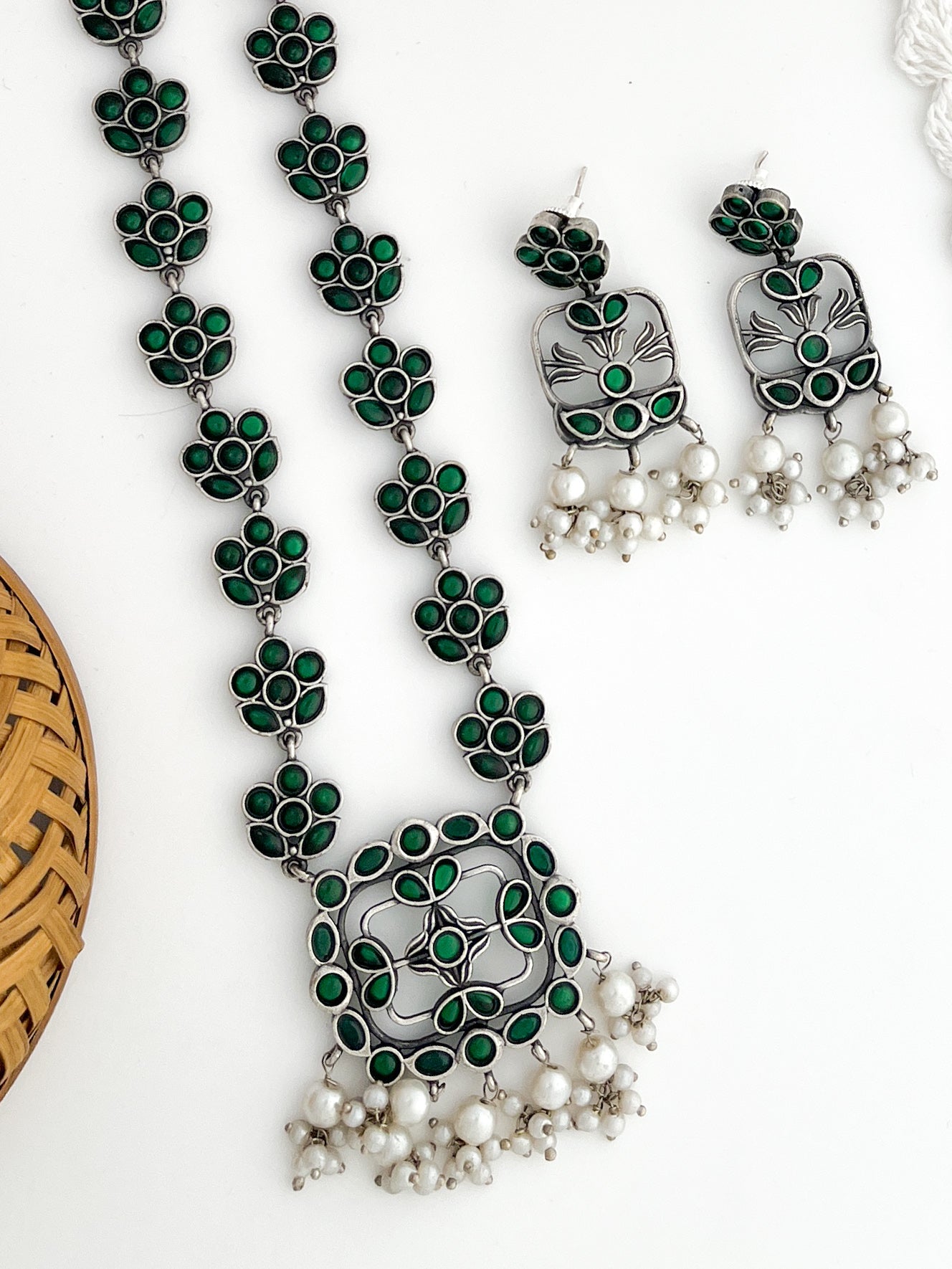 ROHINI-Silver With Green Stone Necklace Set