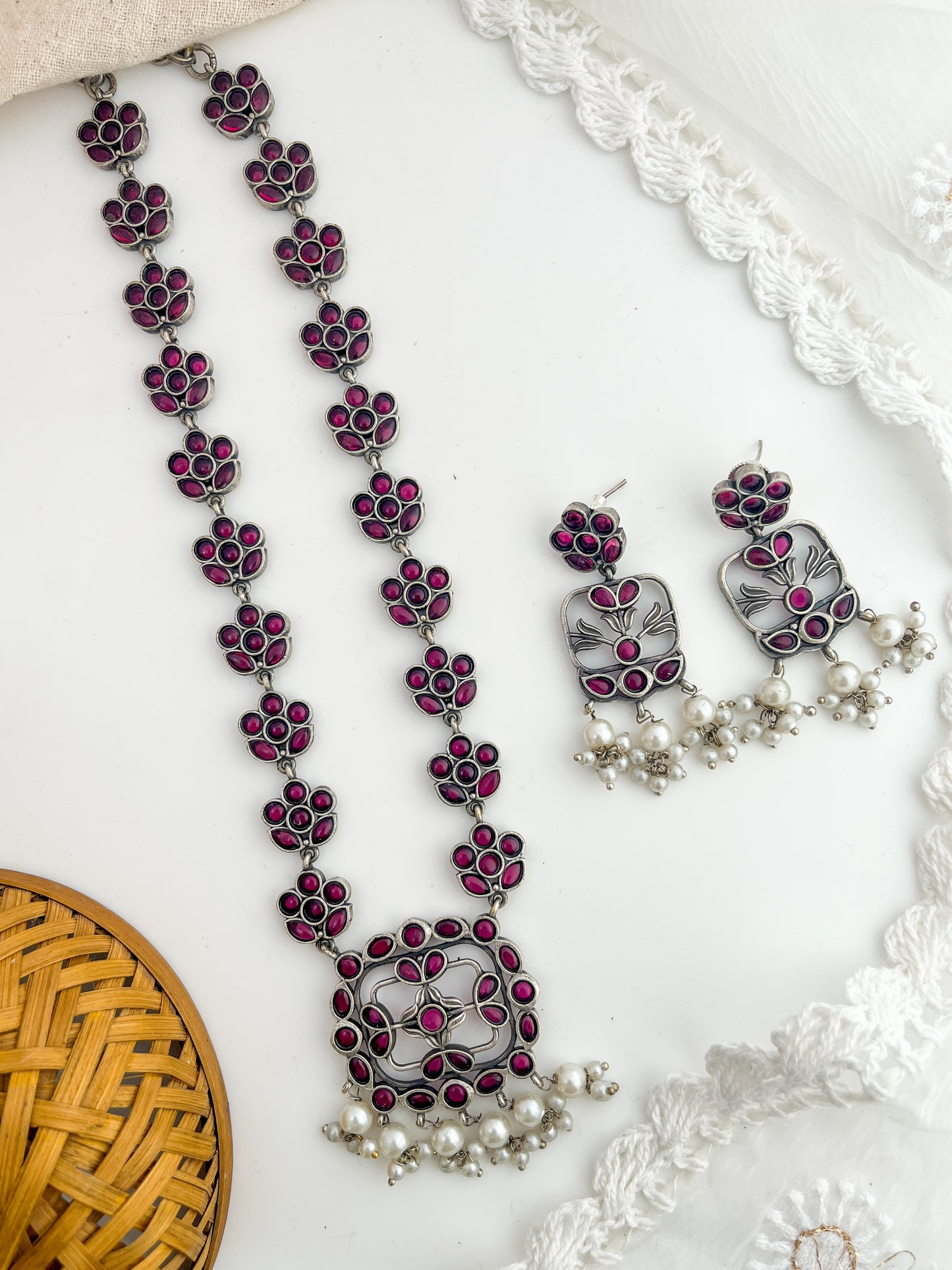 ROHINI-Silver With Pink Mix Metal Necklace Set