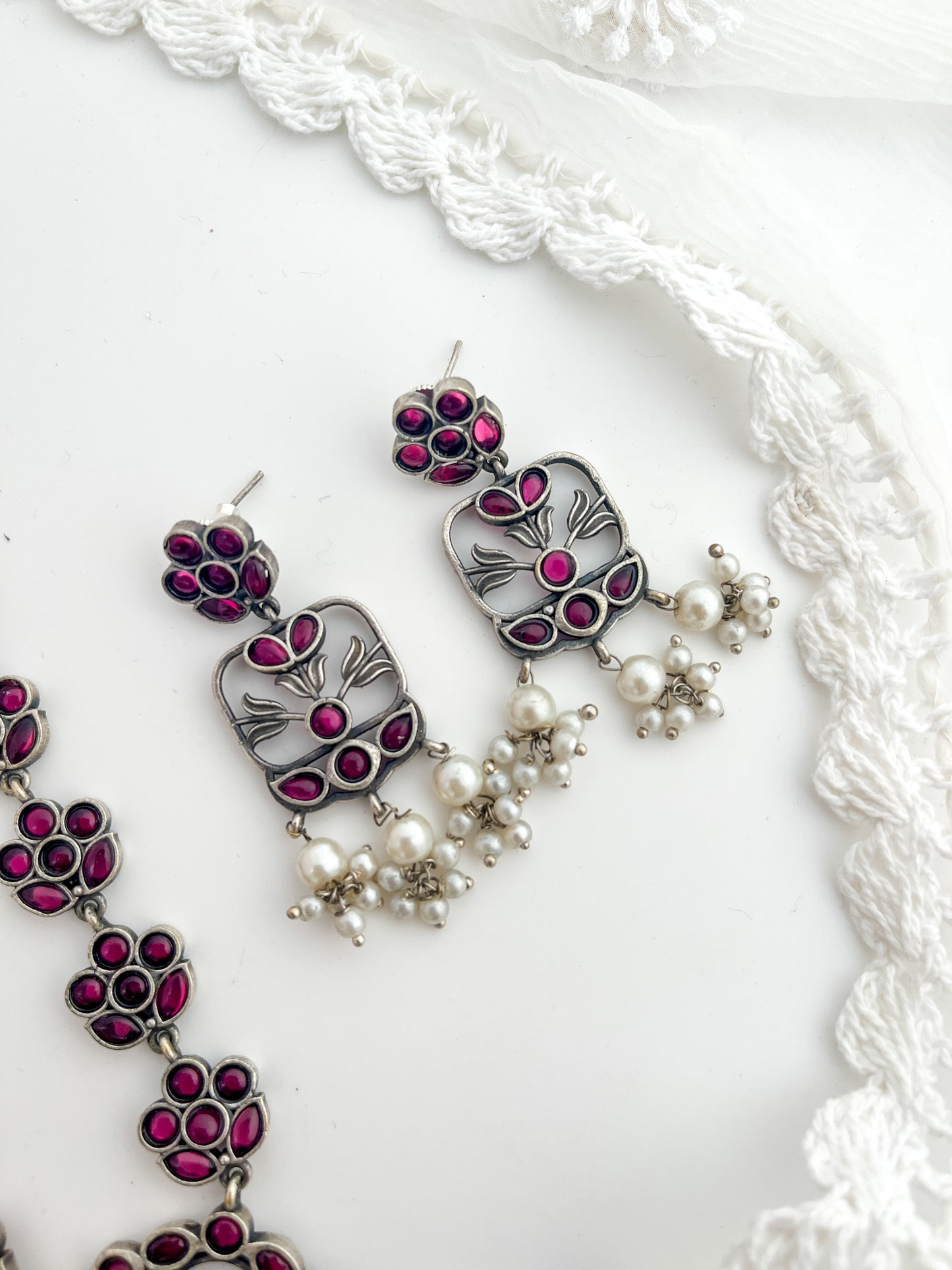 ROHINI-Silver With Pink Mix Metal Necklace Set