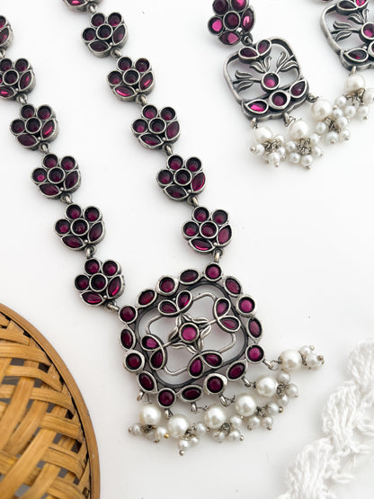 ROHINI-Silver With Pink Mix Metal Necklace Set