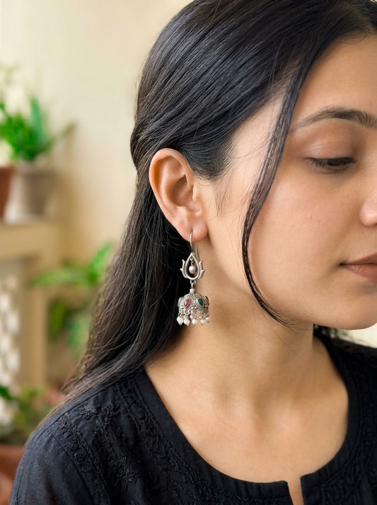 NAMRATA- German Silver Studded Jhumka- Pink And Green