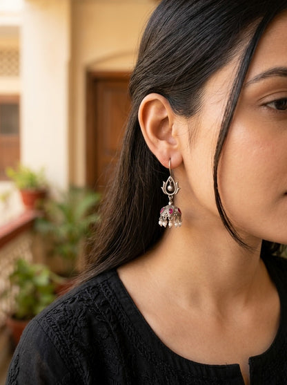 NAMRATA- German Silver Studded Jhumka- Pink