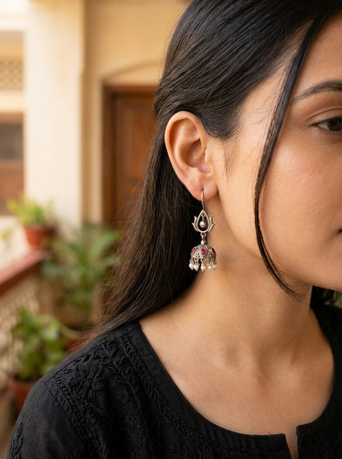 NAMRATA- German Silver Studded Jhumka- Pink