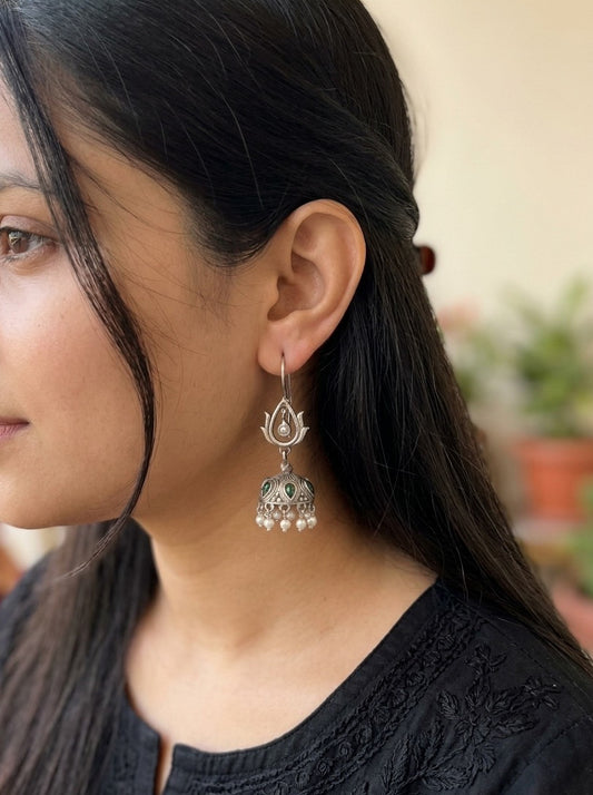 NAMRATA- German Silver Studded Jhumka- Green