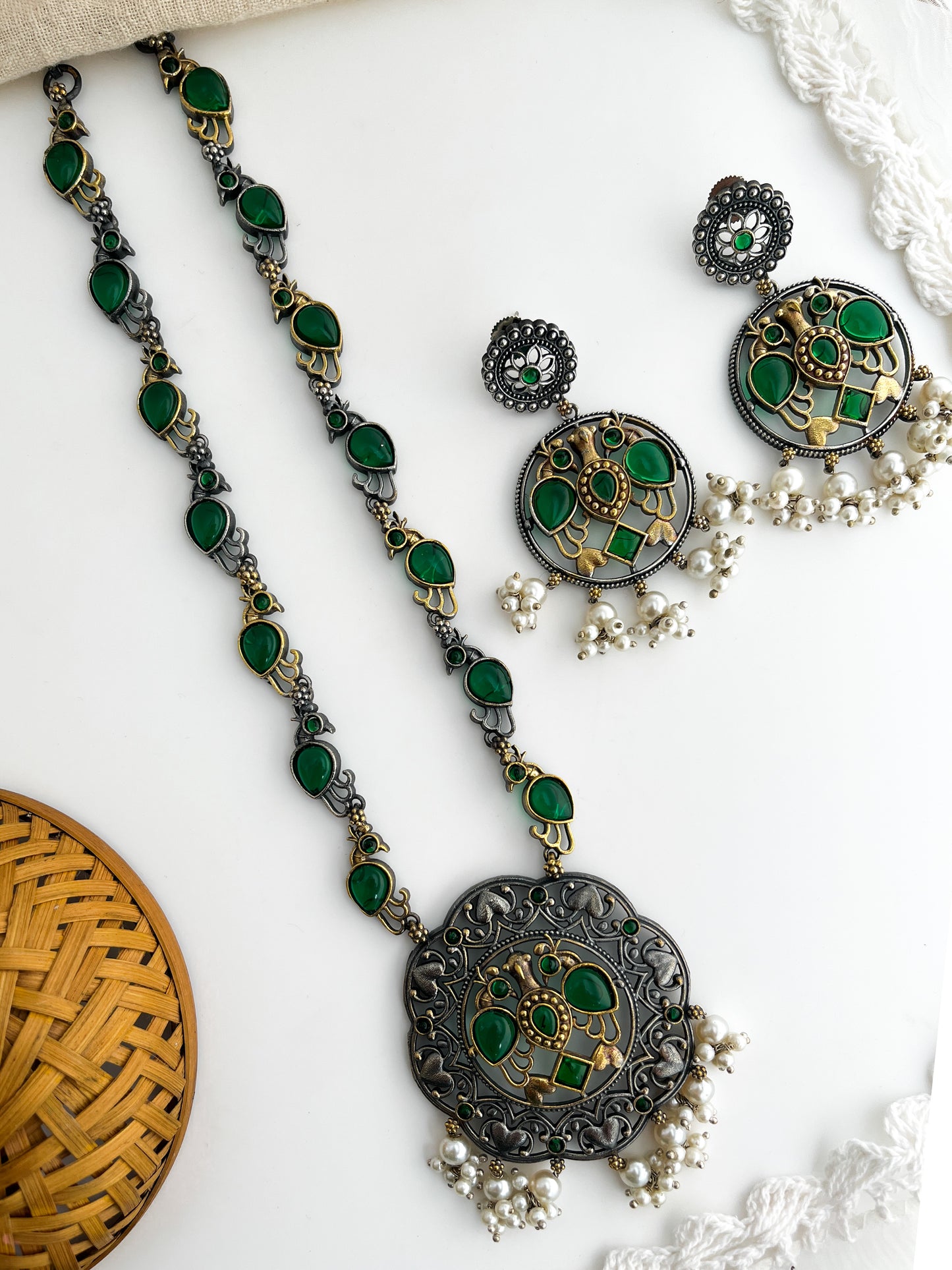 MEGHNA-Silver With Gold And Green Mix Metal Necklace Set