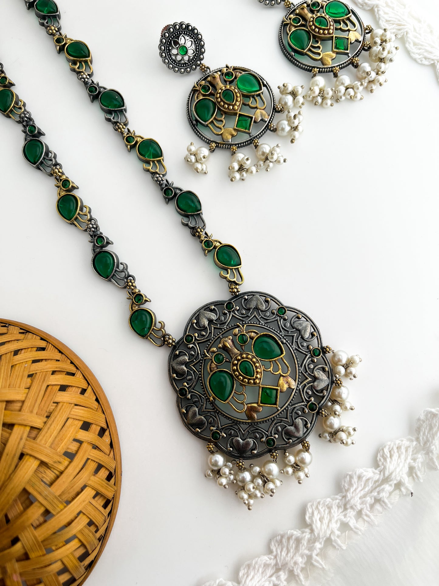 MEGHNA-Silver With Gold And Green Mix Metal Necklace Set