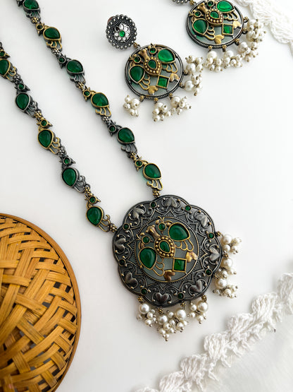 MEGHNA-Silver With Gold And Green Mix Metal Necklace Set