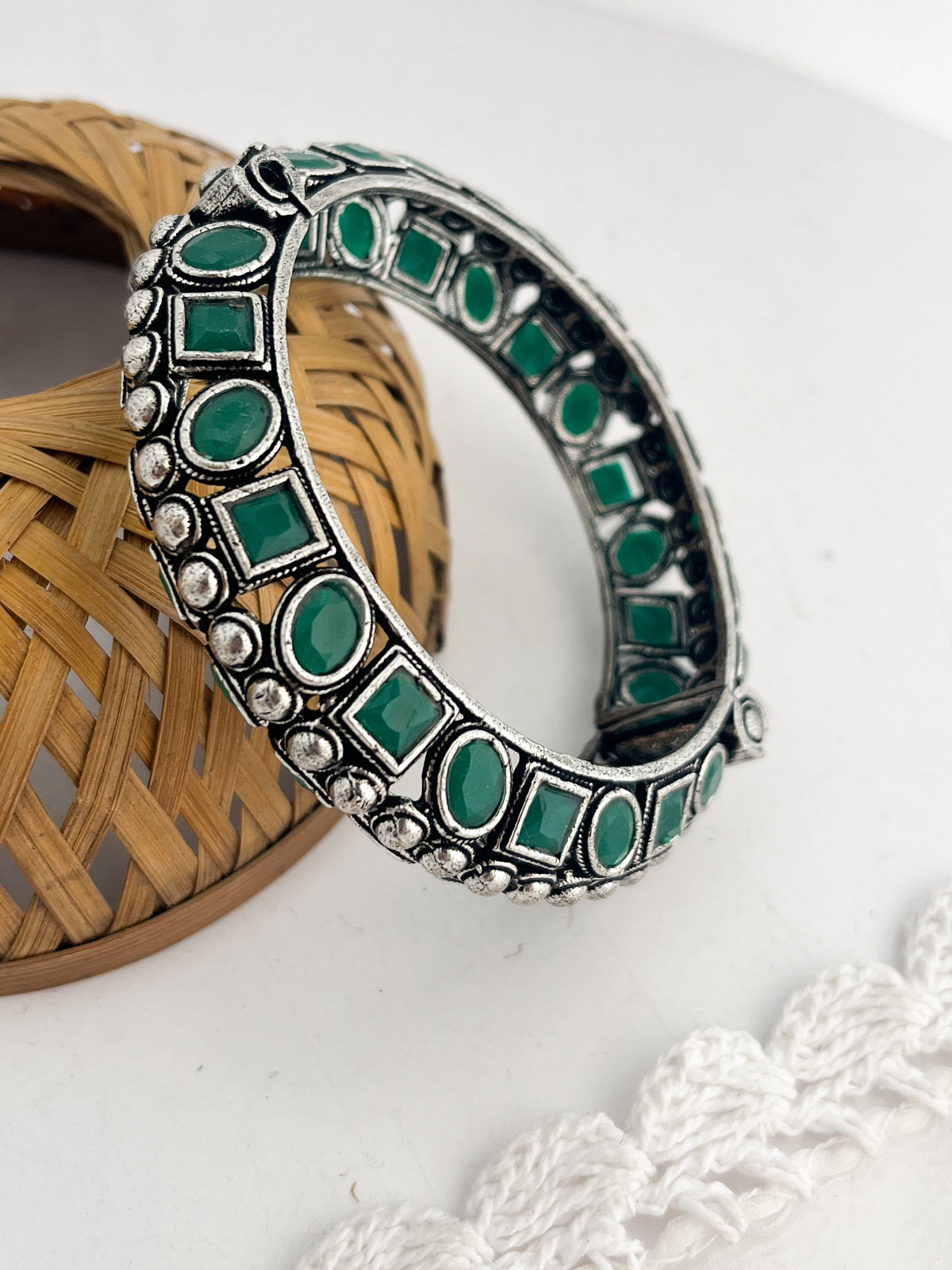 TARINI - Brass Kada Bangle With Silver Plating And Green Stones