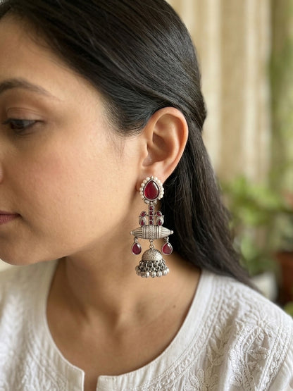 SARASWI - Detailed German Silver Jhumka Ruby