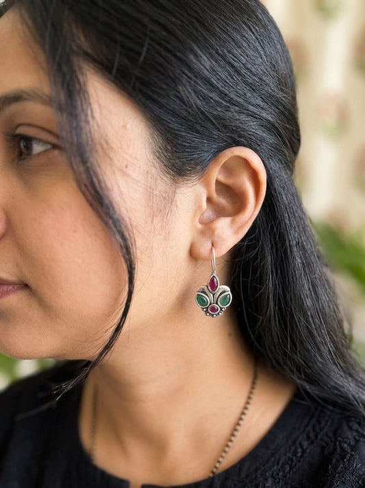 PIHU - German Silver Magenta Green Stone Earrings