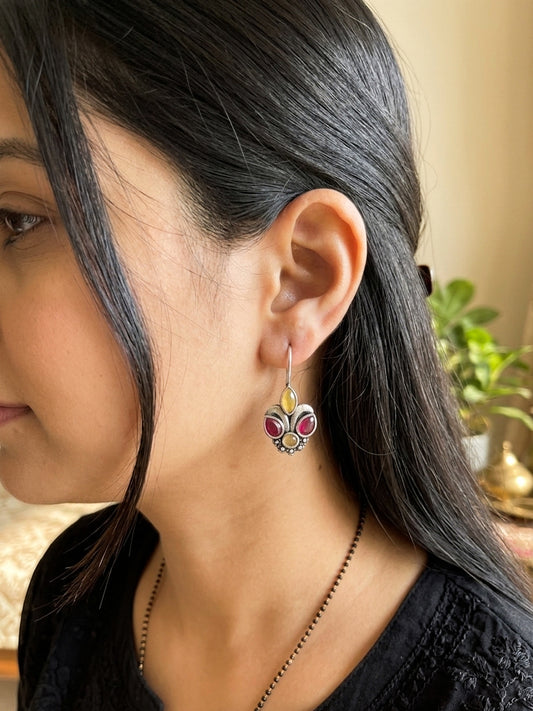 PIHU- German Silver Magenta Yellow Stone Earrings