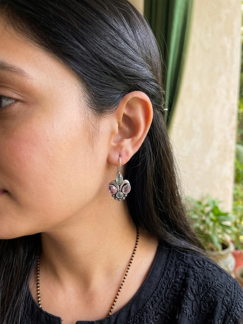 PIHU - German Silver Baby Pink Green Stone Earrings